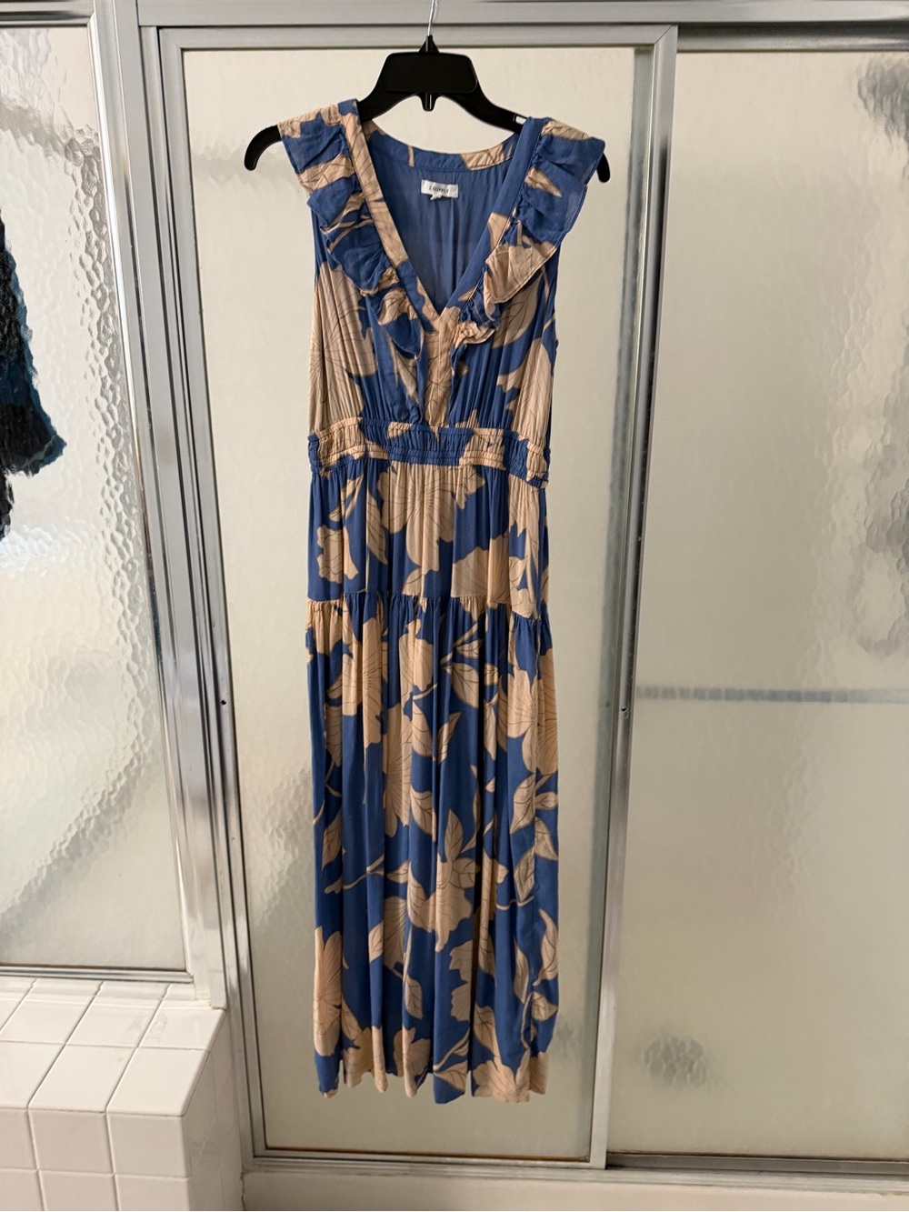Blue Floral Ruffle V-Neck Maxi Dress - Tan Print